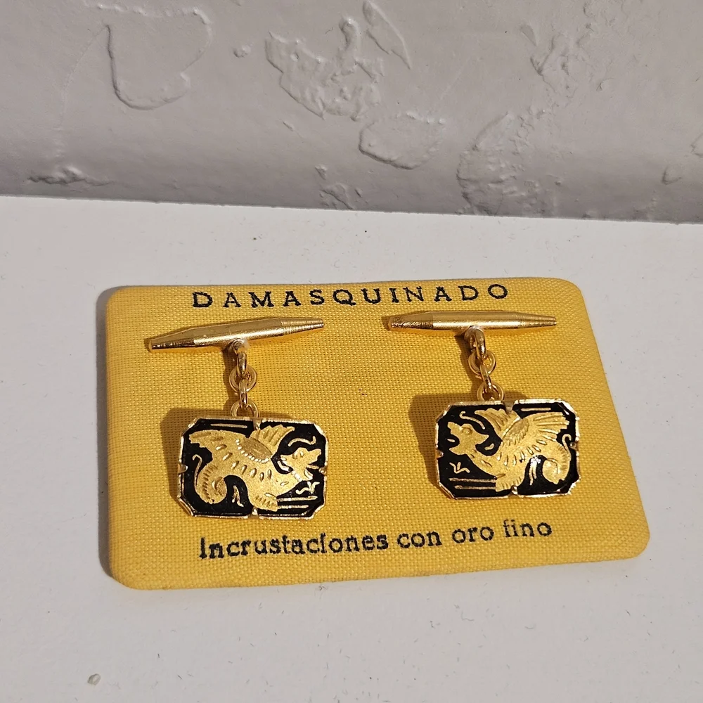 Damasquinado NWT Vintage Gold and Black Dangle Cufflinks Men's Accessory Dragon
